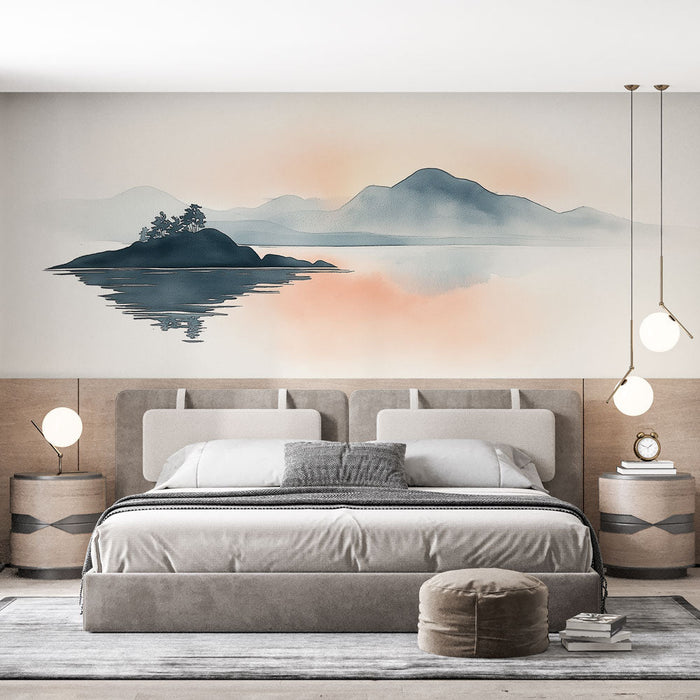 Papel de parede aquarela paisagem | Paisagem serena com montanhas e ilhota