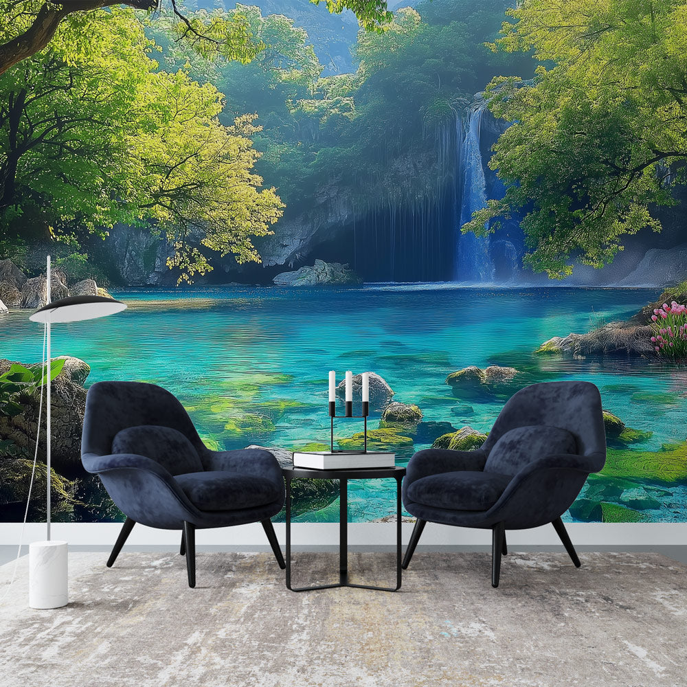 Papel de parede de paisagem aquática | Cachoeira e lagoa turquesa cerc —  WonderMural, image size:1000x1000