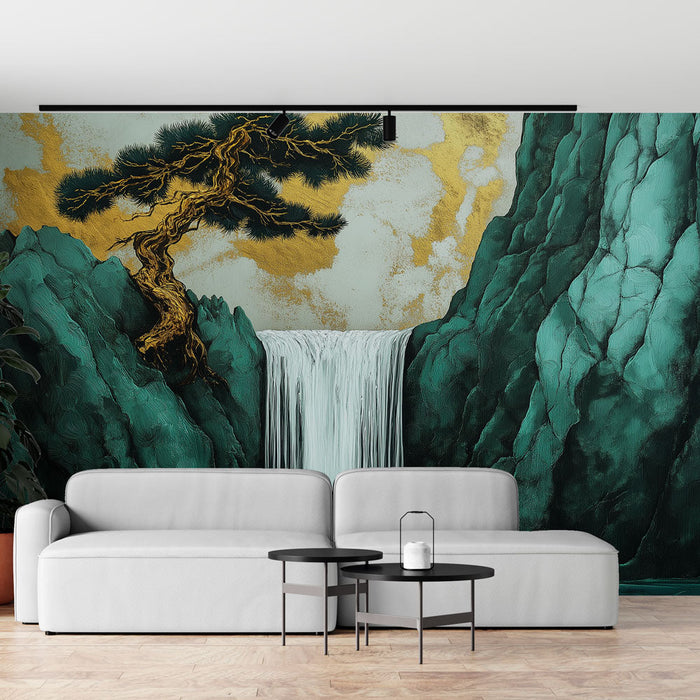 Mural Wallpaper aquatic landscape | Waterfall surrounded by mountains and gilding