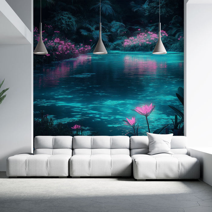 Fototapet Vandlandskab | Funklende lyserøde lotusblomster på en mystisk blå sø