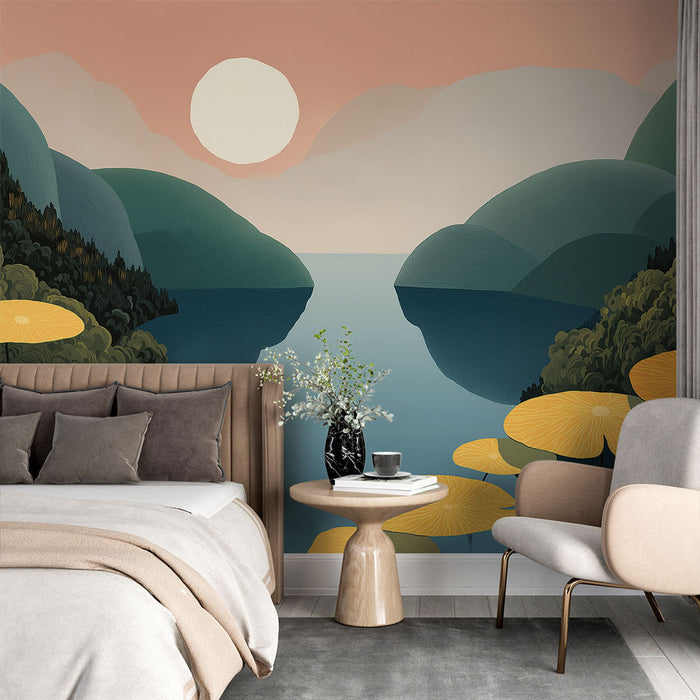 Mural Wallpaper aquatic landscape | Soft mountains with yellow water lilies on a lake