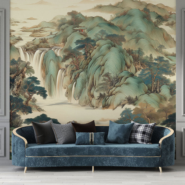 Fototapete Wasserlandschaft | Majestätische Berge und Zen-Wasserfälle