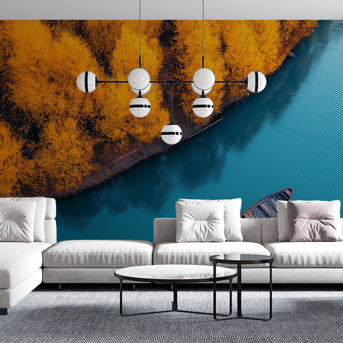 Fototapet akvatisk landskap | Høstlandskap med en båt på en turkis innsjø