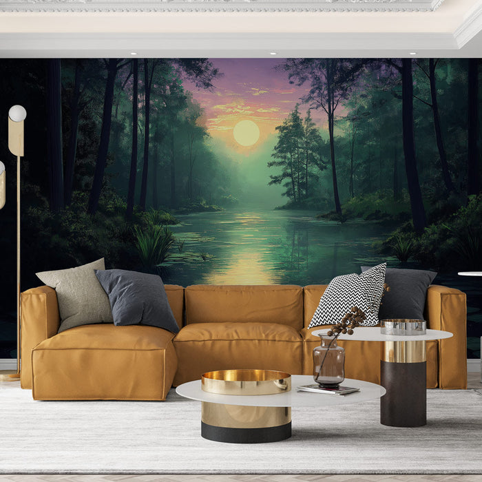 Tapeta z morskimi krajobrazami | Odbicie zachodu słońca na spokojnym stawie pośrodku drzew.