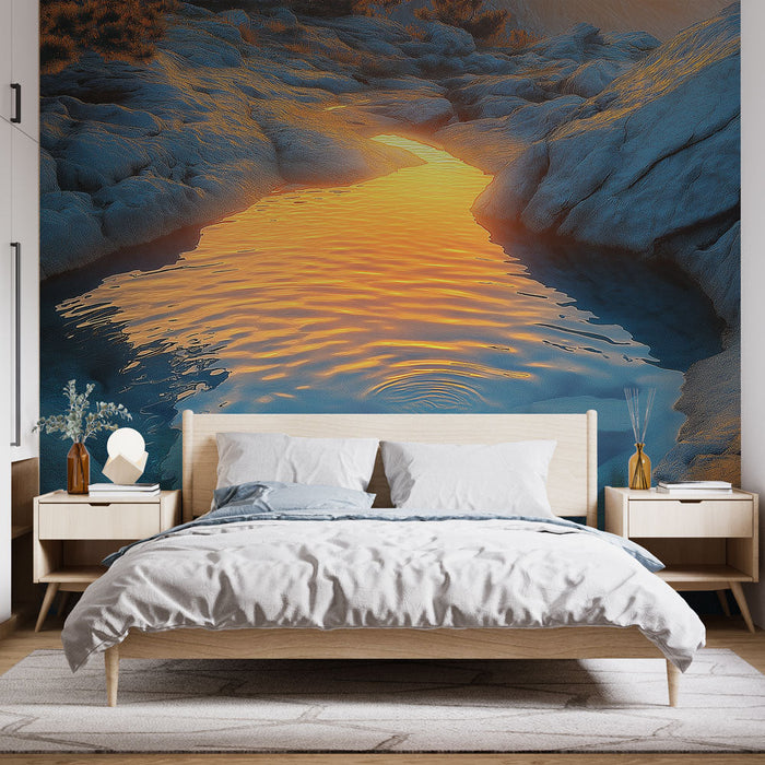 Акварелен пейзаж тапет | Златни отражения върху спокойна вода