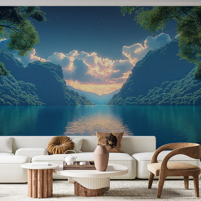 Mural Wallpaper aquatic landscape | Serene river surrounded by lush mountains