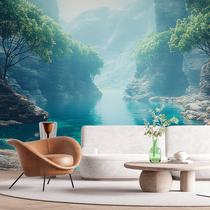 Mural Wallpaper aquatic landscape | Tranquil river surrounded by rocks and vegetation