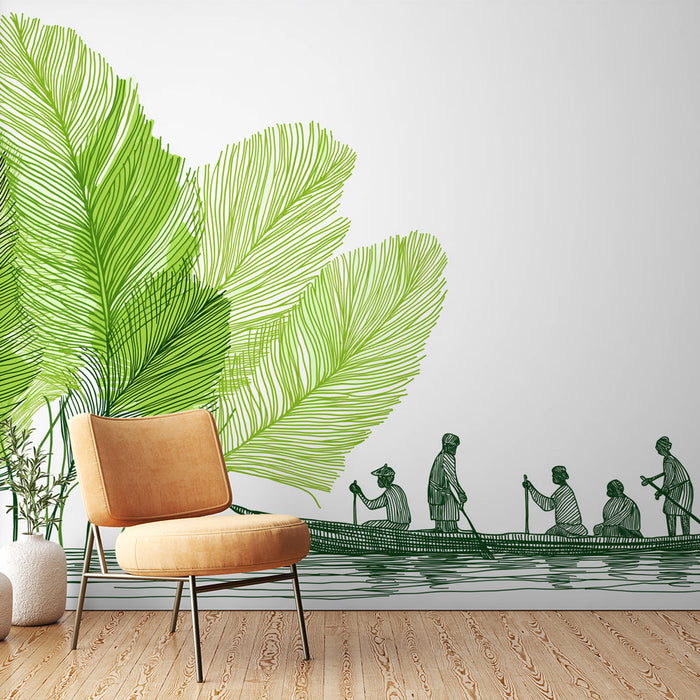 Tapeta akwatyczny pejzaż | Bukoliczna scena z zielonymi liśćmi i tradycyjną łodzią