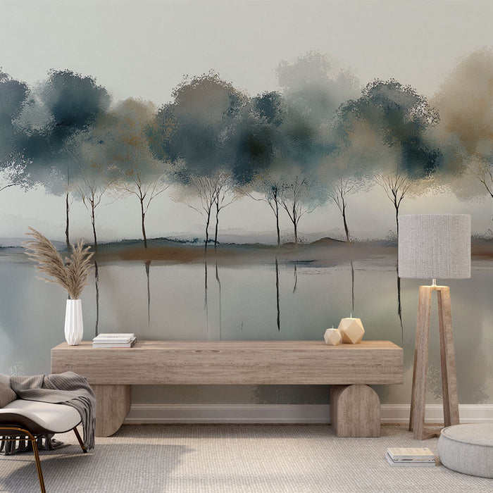 Carta da parati paesaggio acquatico | Silhouette degli alberi riflessi nell'acqua