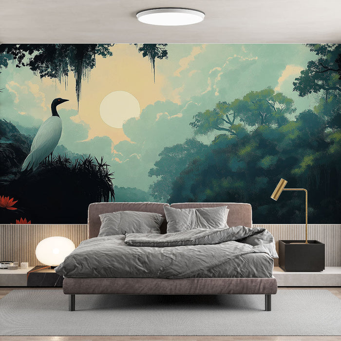 Tapeta akvatični krajolik | Veličanstveni čaplja uz rub jezera pod mjesecom