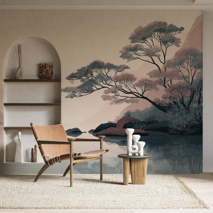 Tapete τοπίο υδάτινου τοίχου | Ήρεμη θέα ενός λιμνοθάλασσας με βουνά και λεπτά δέντρα