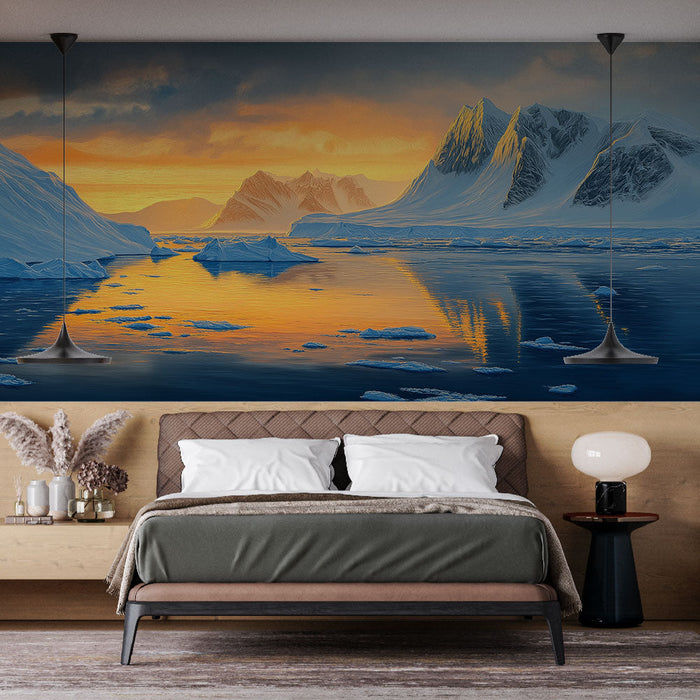 Mural Wallpaper arktika maastik | Lumised mäed ja päikesetõus külmutatud ookeani kohal