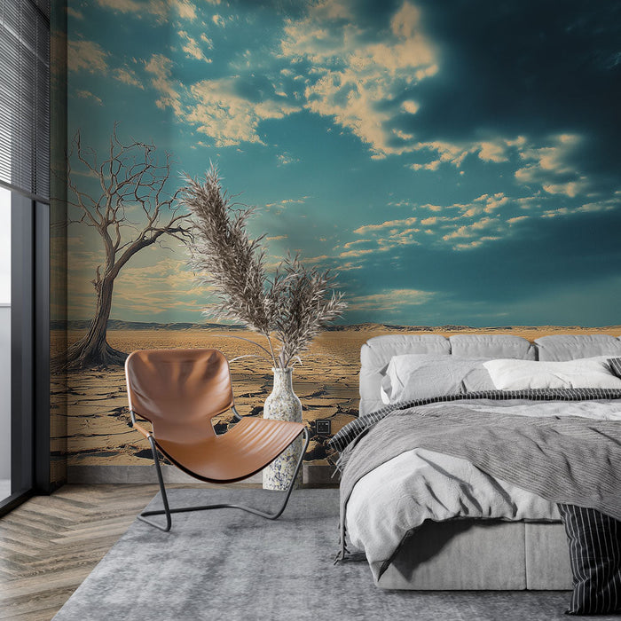 Falfestmény kopár táj | Magányos fa repedezett talajon