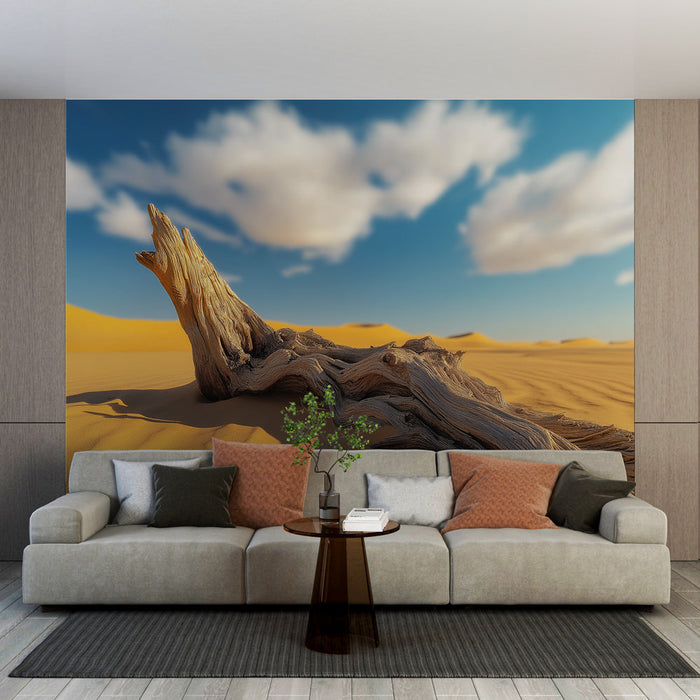 Tapet peisaj arid | Lemn de plută într-un deșert auriu