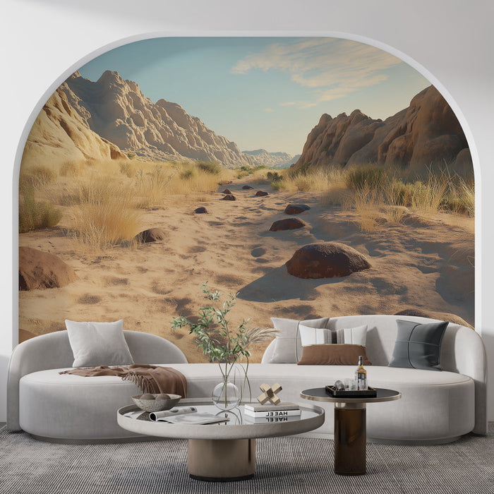 Tapet peisaj arid | Cale nisipoasă înconjurată de roci și vegetație