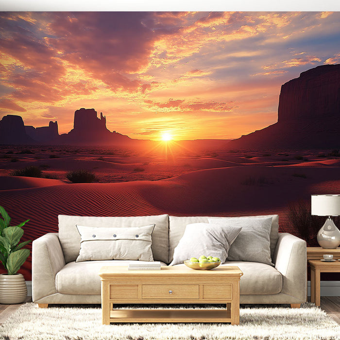 Falfestmény tapéta száraz táj | Naplemente a sivatag felett