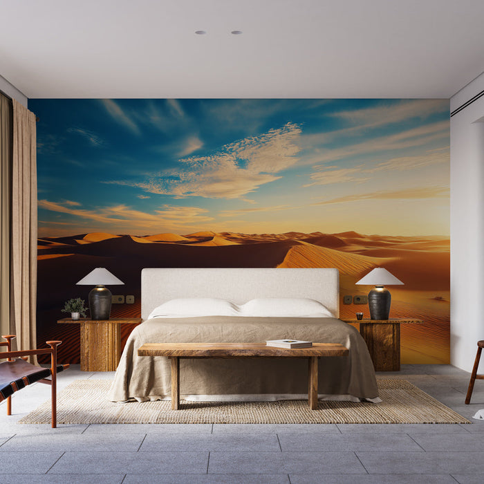 Papel de parede paisagem árida | Dunas de areia sob um céu dourado