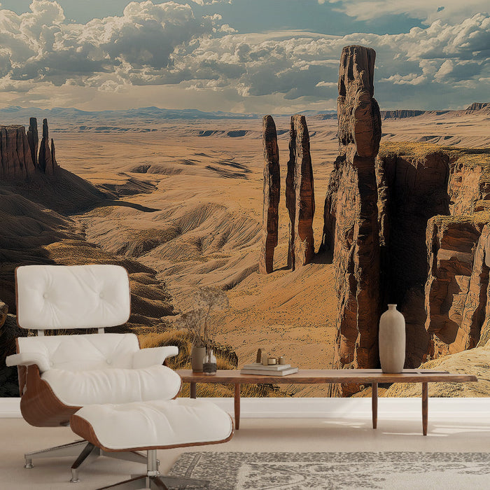 Mural Wallpaper arid landscape | Rock monuments in a golden desert