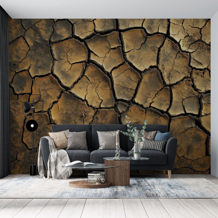 Fototapet arid landscape | Cracked earth pattern med gyldne nuancer