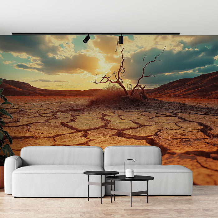 Tapetti kuiva maisema | Halkeillut maa ja elävä taivas