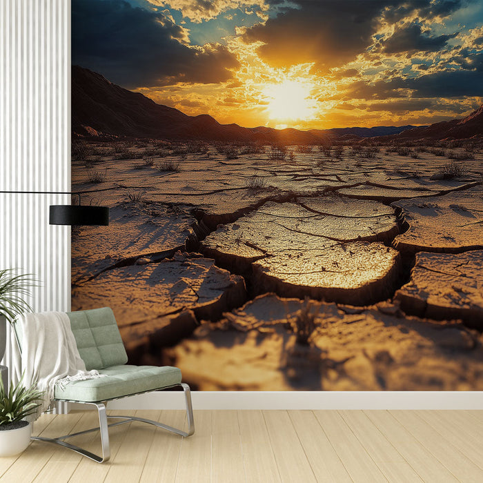 Mural Wallpaper paisagem árida | Solo rachado e pôr do sol dourado