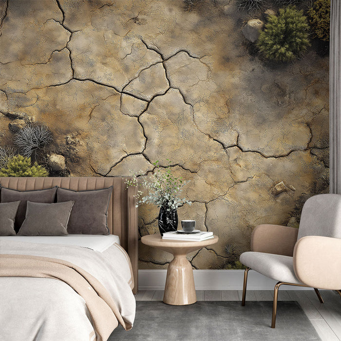 Papel de parede paisagem árida | Solo rachado com vegetação do deserto