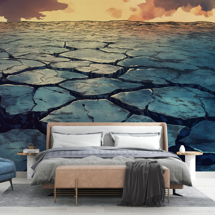 Tapetti kuiva maisema | Halkeillut pinta taivaan alla, jossa on lämpimiä sävyjä