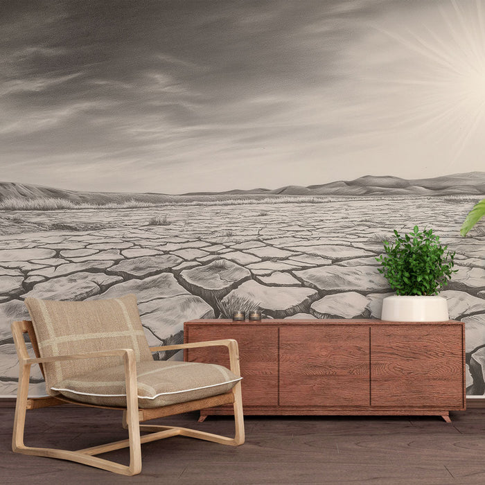 Papel de parede mural paisagem árida | Terreno rachado sob um céu brilhante