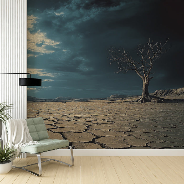 Фототапет сух пейзаж | Напукана земя под драматично небе