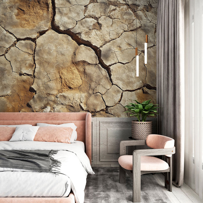 Papel de parede mural paisagem árida | Textura de solo rachado e cor da terra