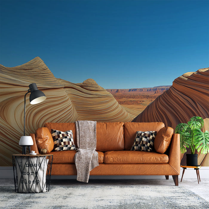 Falfestmény kopár táj | Hullámzó sziklák bézs és okker árnyalatokban