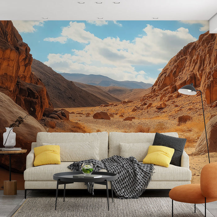 Tapetti kuiva maisema | Kivinen laakso okran ja hiekan sävyissä