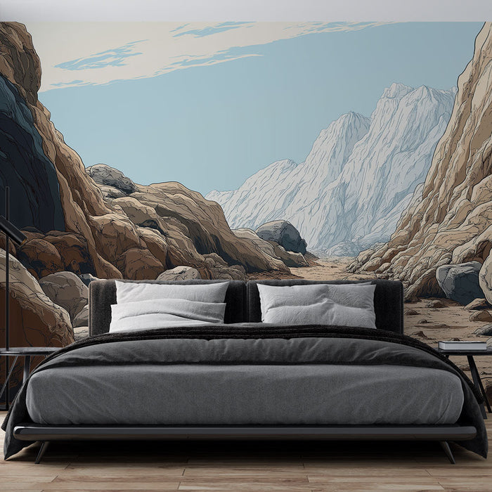 Tapetti kuiva maisema | Kivinen laakso kirkkaan taivaan alla