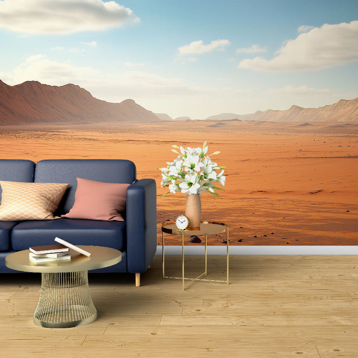 Фототапет пустинен пейзаж | Обширно пространство от оранжев пясък и далечни планини