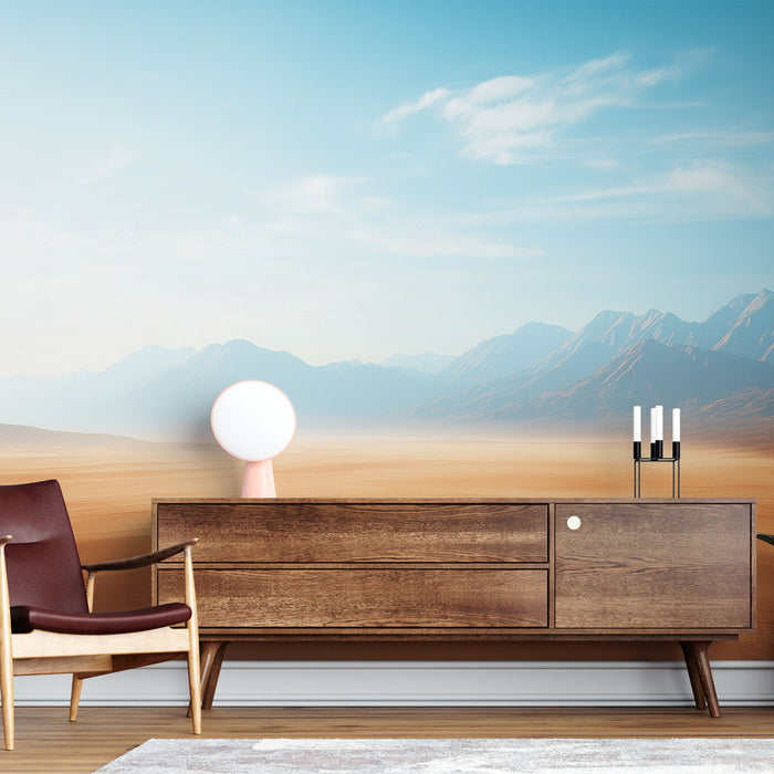 Tapeta suchy krajobraz | Rozległe wydmy i majestatyczne góry pod błękitnym niebem