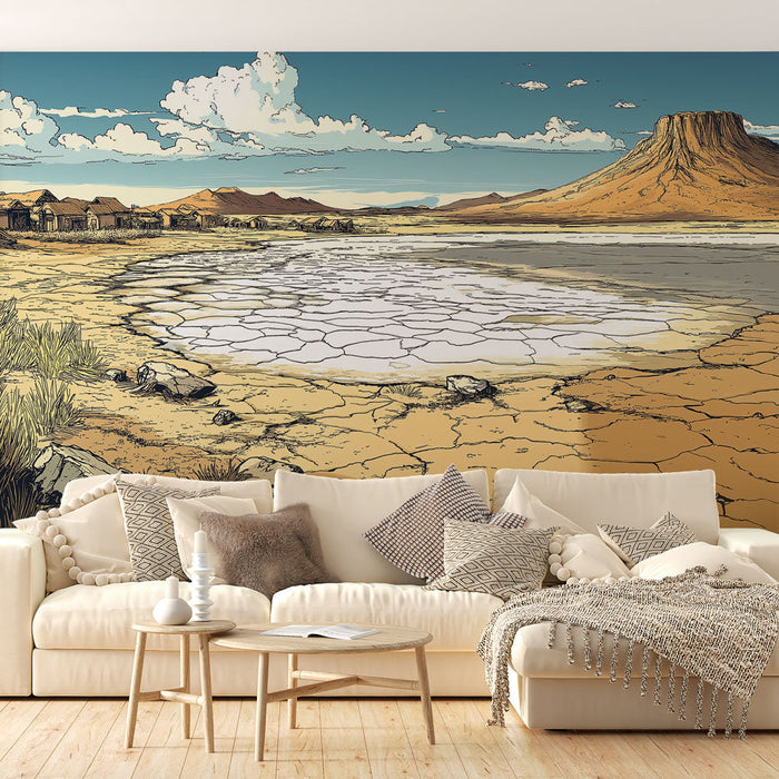 Tapet peisaj arid | Vedere a unui deșert cu un lac secat și munți