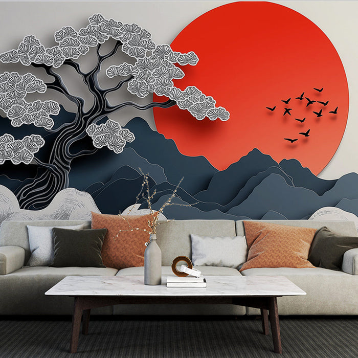 Papel pintado Paisaje asiático | Árbol elegante y sol rojo en un fondo montañoso