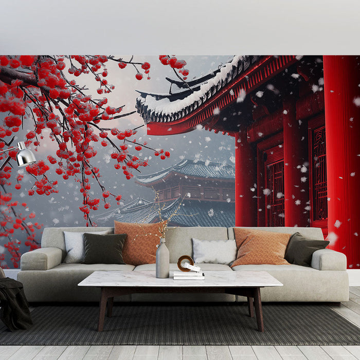 Mural Wallpaper Azijski krajolik | Trešnjin cvijet u snijegu u tradicionalnom okruženju