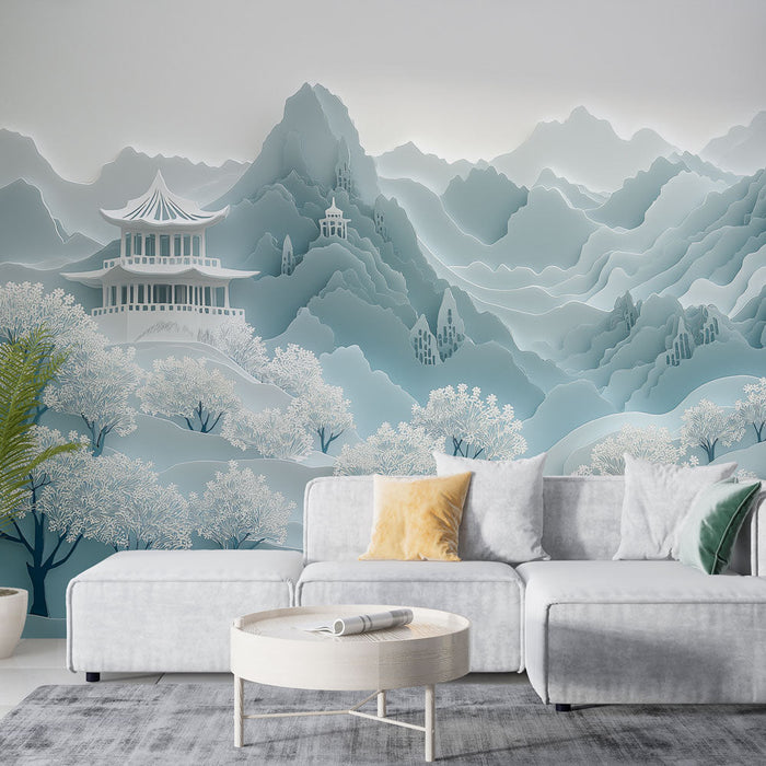 Mural Wallpaper Asian Landscape | Blue Mountains and Elegant Temple