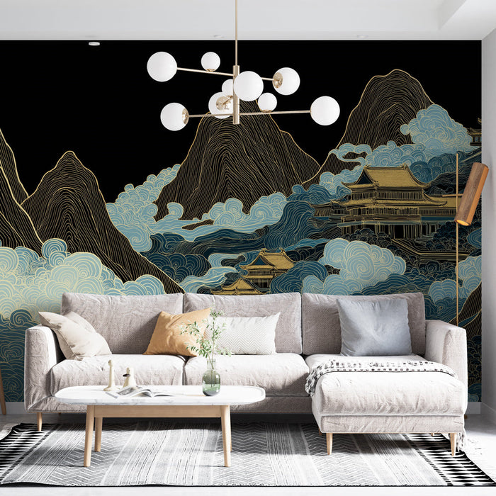 Tapet peisaj asiatic | Munți fermecători și nori stilizați