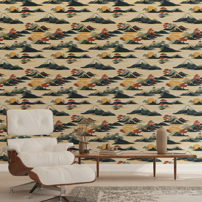 Fototapet Asiatiske landskap | Stiliserte fjell og fargerike trær