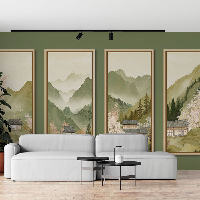 Tapete с азиатски пейзаж | Четири панела, илюстриращи планини и традиционни къщи