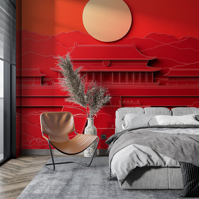 Tapete Asiatisches Landschaftsbild | Silhouette eines roten Tempels und aufgehender Sonne