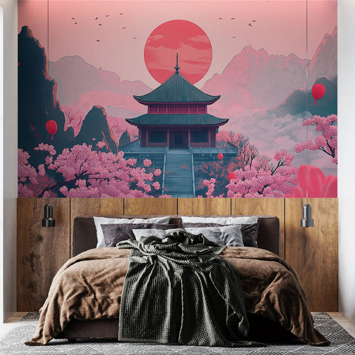 Falfestmény ázsiai tájkép | Hagyományos templom cseresznyefákkal rózsaszín ég alatt