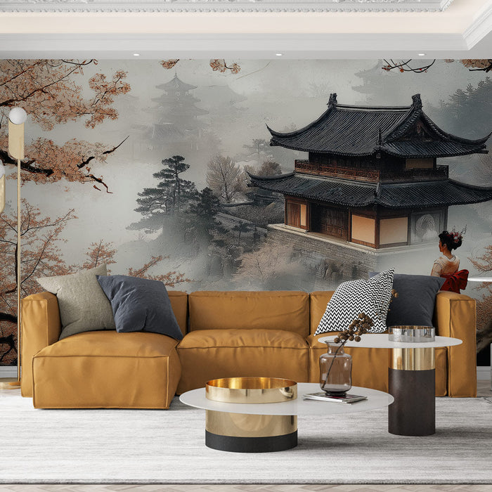 Carta da parati Paesaggio asiatico | Tempio tradizionale tra i fiori di ciliegio