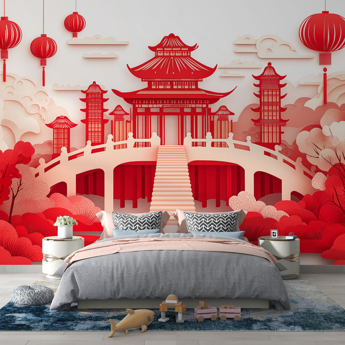 Mural Wallpaper Asian landscape | Red temples and hanging lanterns