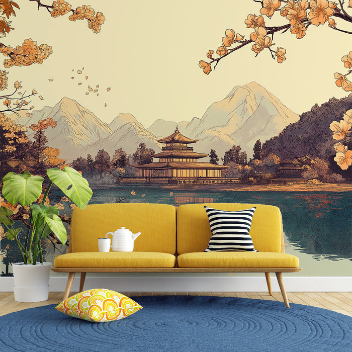 Fotótapé Ázsiai tájkép | Egy templom a víz mellett cseresznyevirágokkal körülvéve