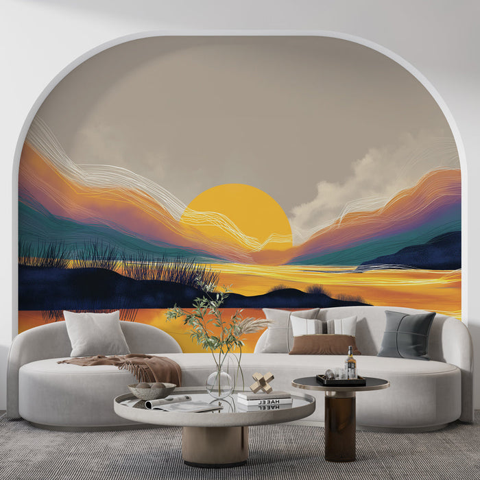 Carta da parati paesaggistica al tramonto | Montagne e grande silhouette solare