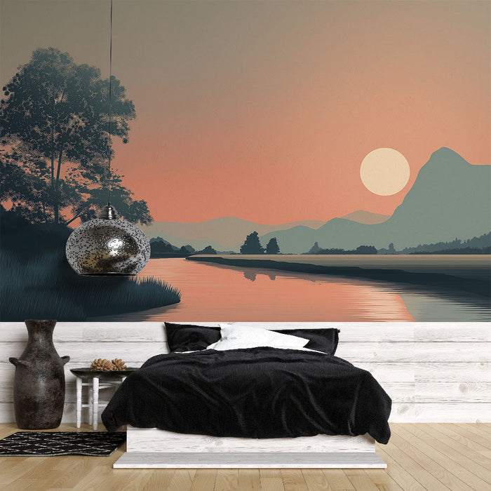 Tapeta pejzażowa o zachodzie słońca | Sylwetka gór i odbicia na wodzie