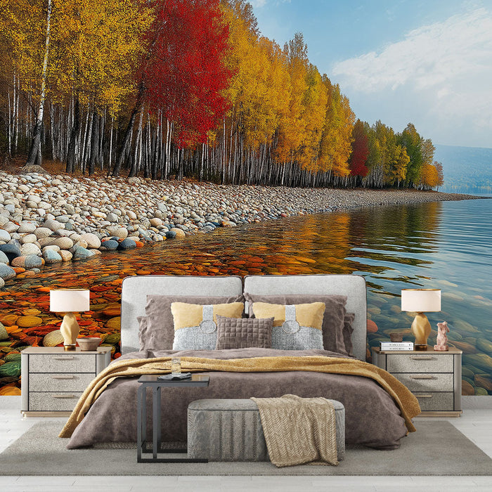 Mural Wallpaper autumn landscape | Lakeside with colorful leaves and stones